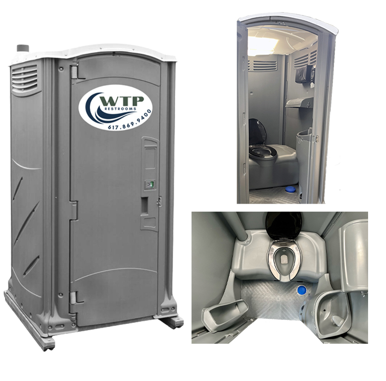 WTP Restrooms offers luxury portable bathrooms that include a a hands-free flushable tiolet and sink.